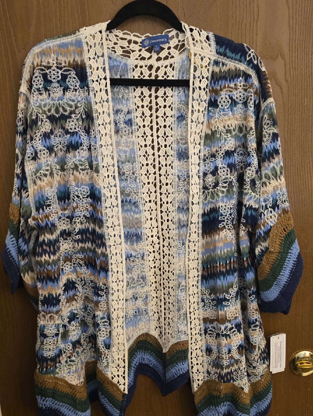 Democracy Blue, Cream & Brown Crochet-Trim Open Cardigan
